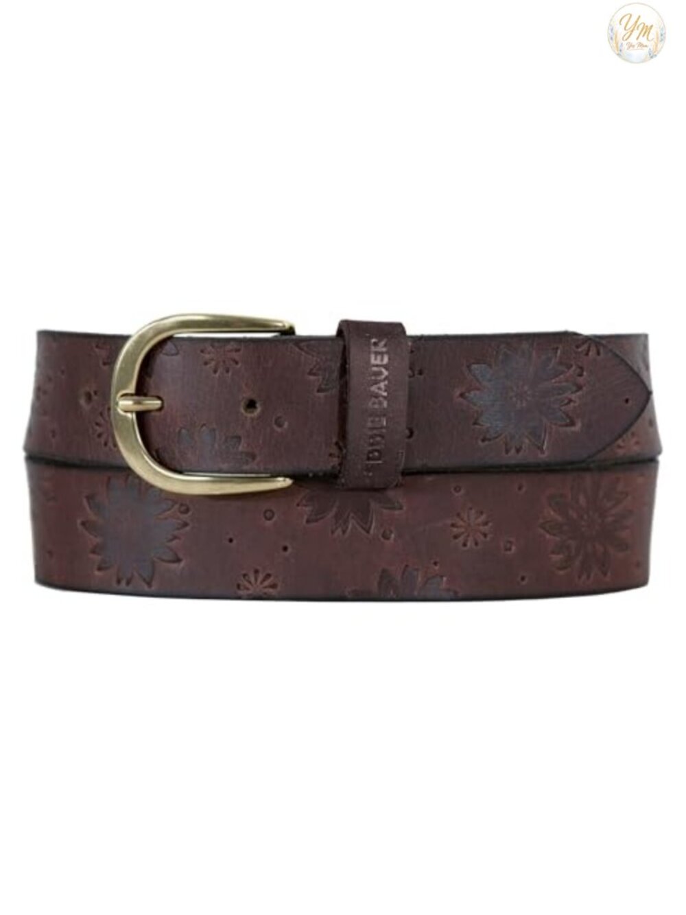 Genuine Leather Belt with Floral Tooled Pattern and Metal Buckle